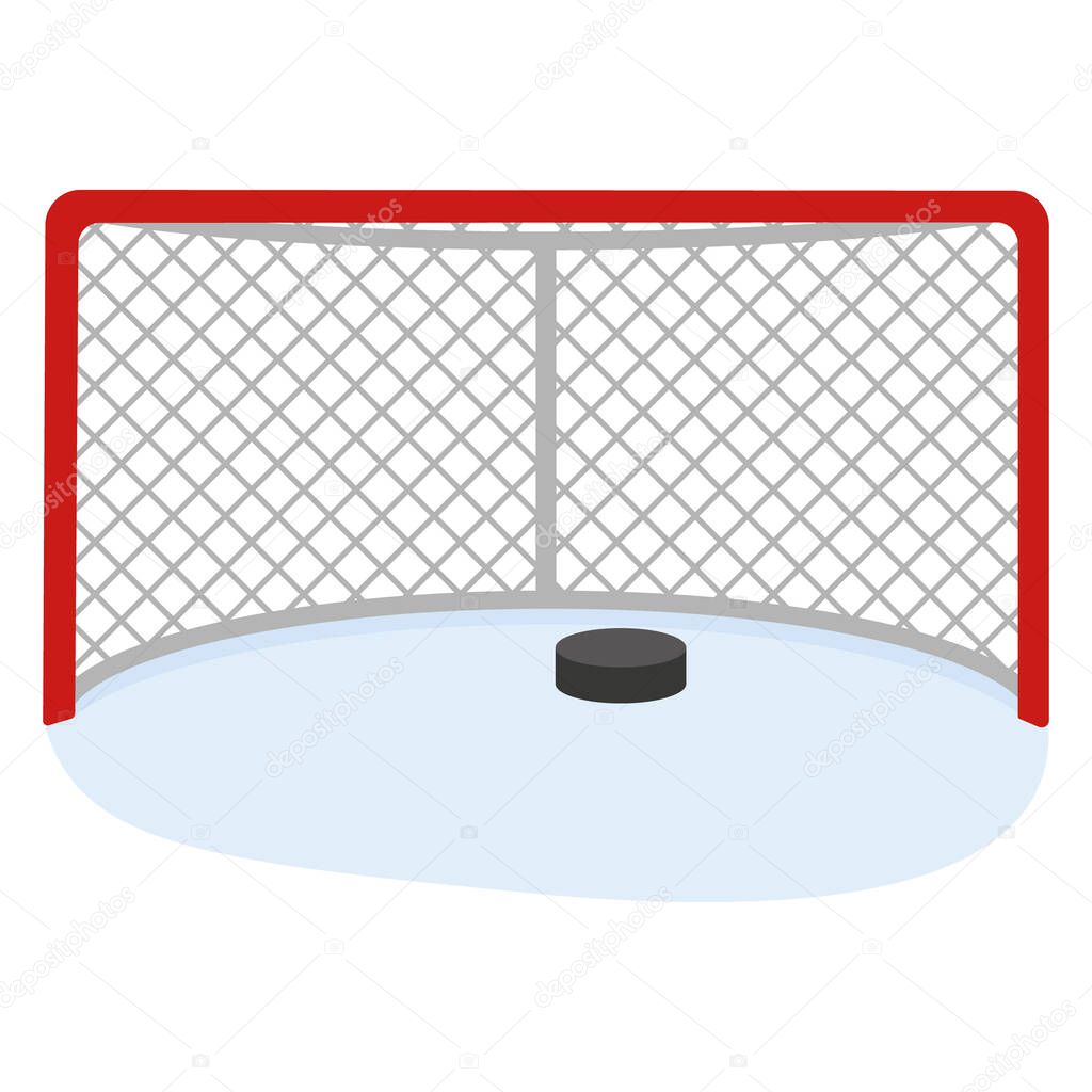 Hockey goal with a puck, color vector illustration in the cartoon style.
