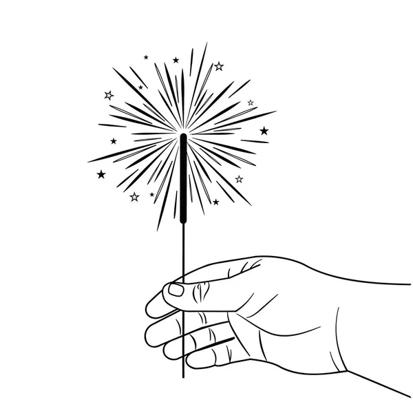 Sparkler Hand Black Outline Isolated White Background Vector Illustration — Stock Vector