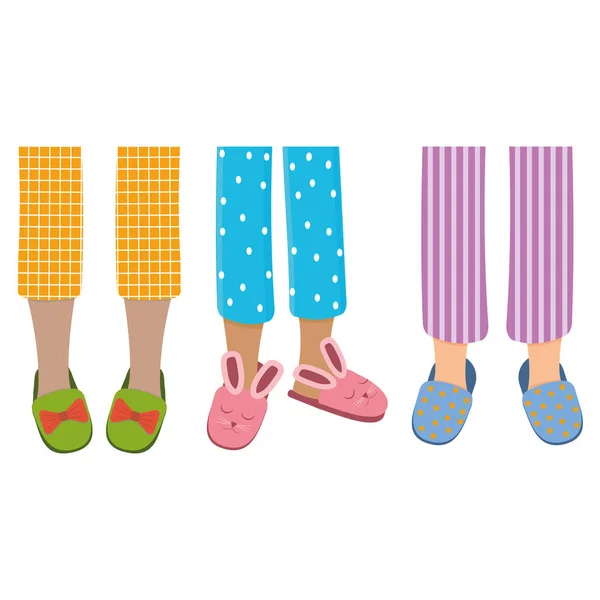 Nogi Dziewcząt Piżamie Kapciach Kolorowy Izolowany Wektor Ilustracji Stylu Płaskim — Wektor stockowy