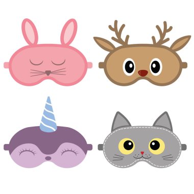 set of sleeping mask with cute animal faces, isolated vector illustration clipart