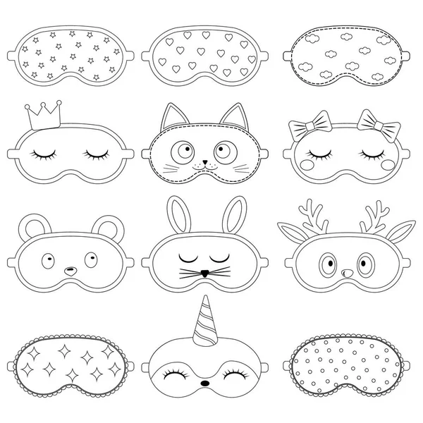 Set of sleep mask with a pattern, black contour, isolated vector illustration — Stock vektor