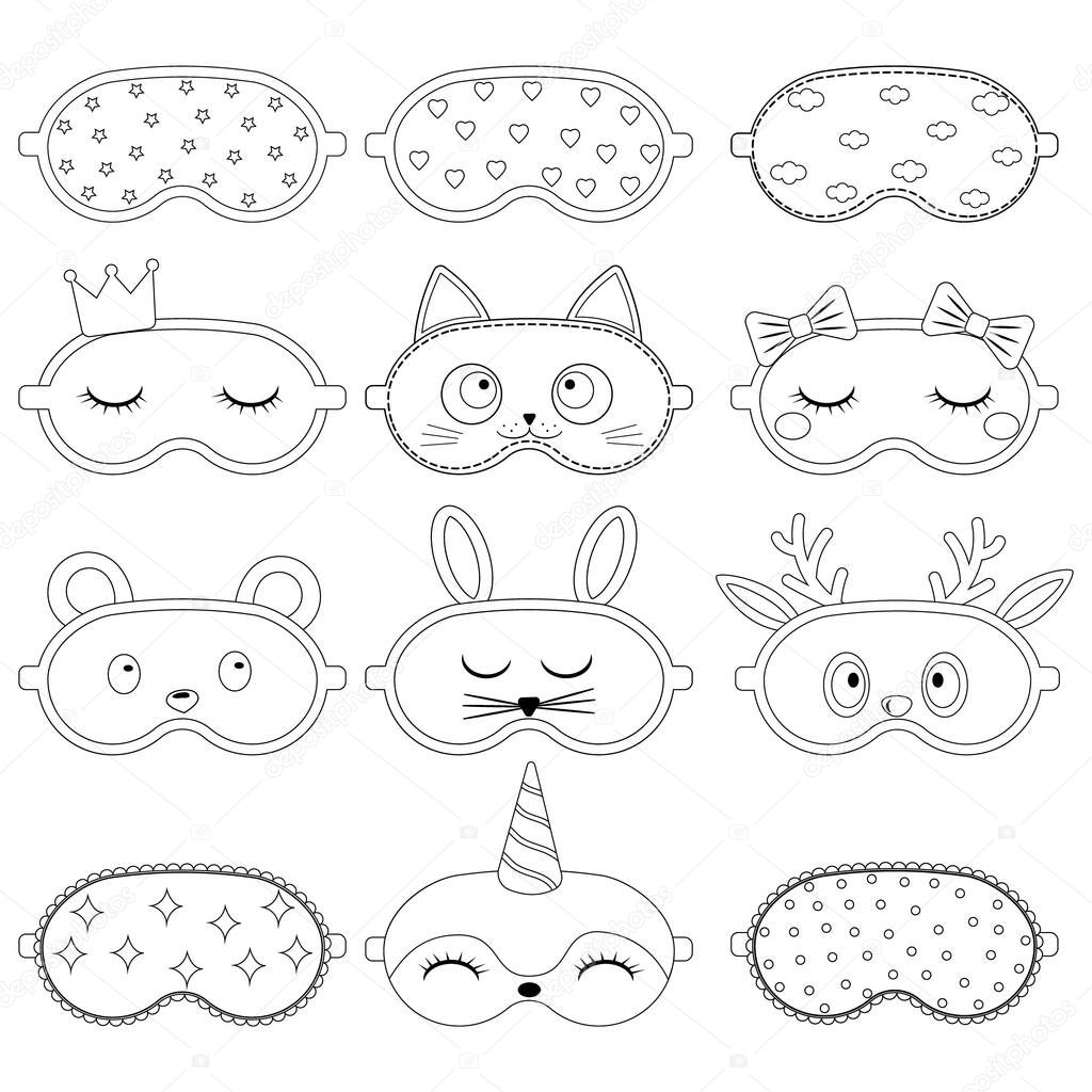 set of sleep mask with a pattern, black contour, isolated vector illustration