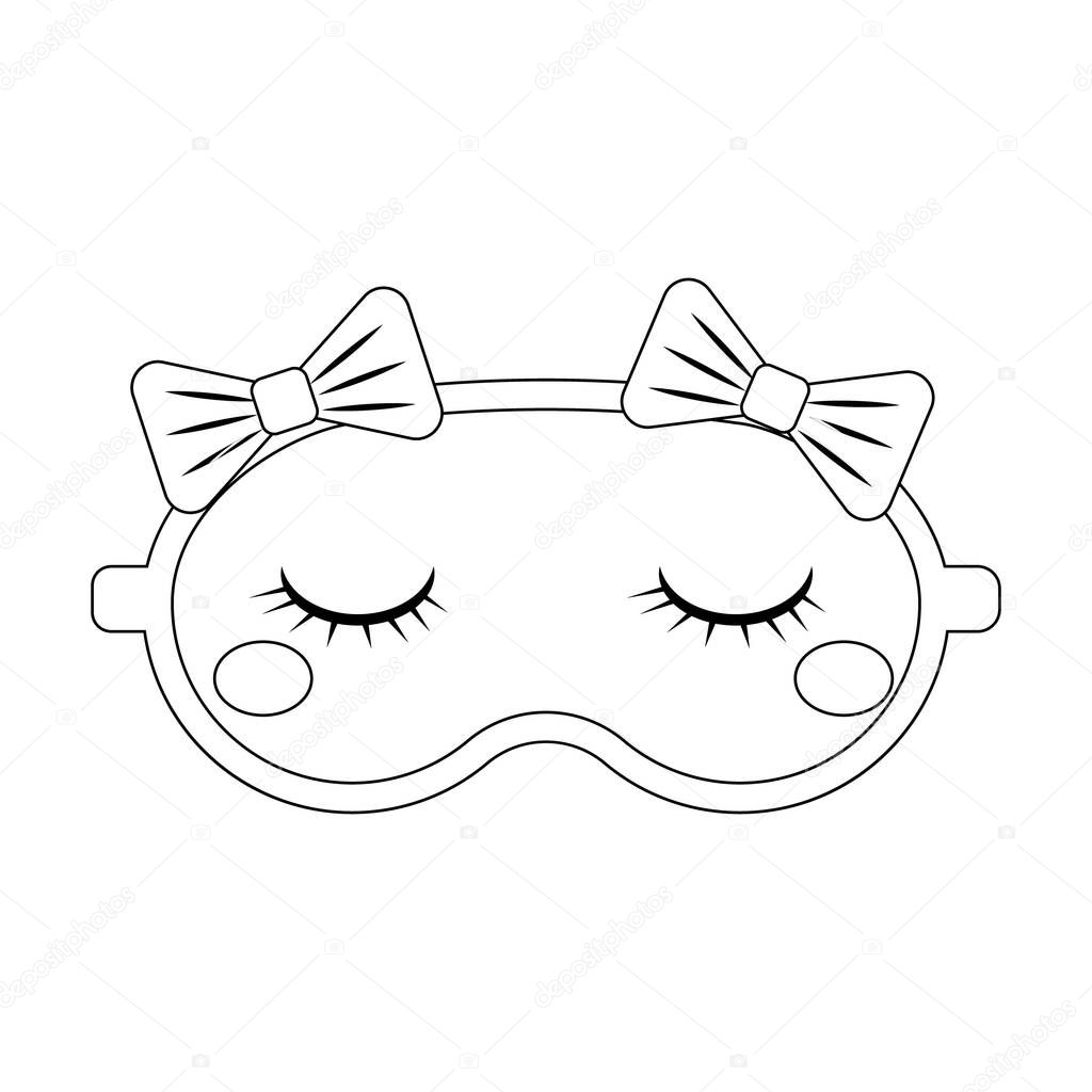 sleeping mask girl with bows, black outline, isolated vector illustration