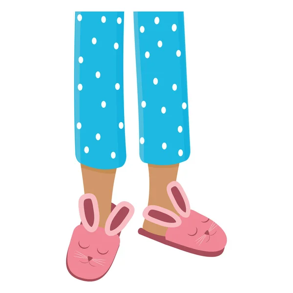 パジャマとスリッパを着た女の子の足、フラットスタイルのカラー分離ベクトルイラスト — ストックベクタ