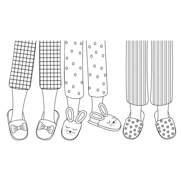 Nogi Dziewcząt Piżamie Kapciach Czarny Obrys Odosobniona Ilustracja Wektora Płaskim — Wektor stockowy