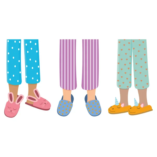 Gambe di ragazze in pigiama e pantofole, illustrazione vettoriale isolata a colori in stile piatto — Vettoriale Stock