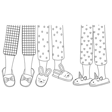 Pijama ve terlik giymiş kızların bacakları, siyah çizgiler, düz bir şekilde izole edilmiş vektör çizimi..
