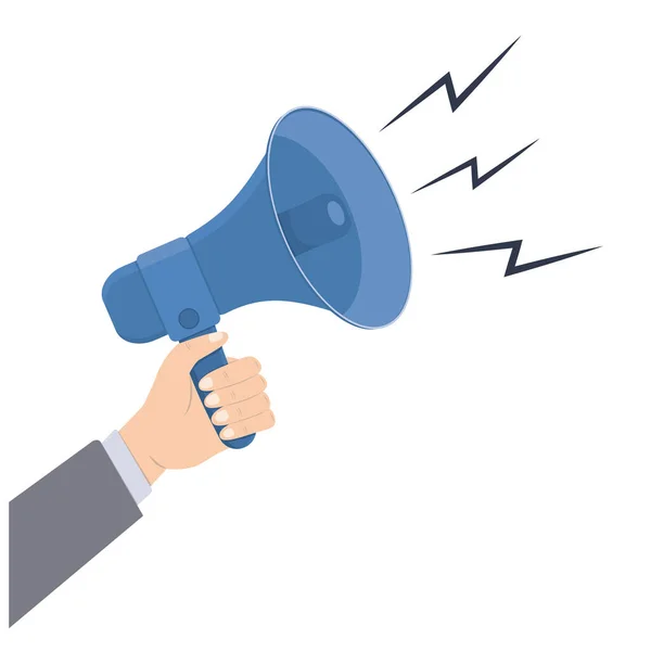 Bir adamın eli hoparlörü tutuyor. Çizgi film tarzında bir vektör rengi çizimi..