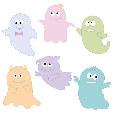 Tatlı hayalet karakterler, Cadılar Bayramı için renk vektörü çizimi.