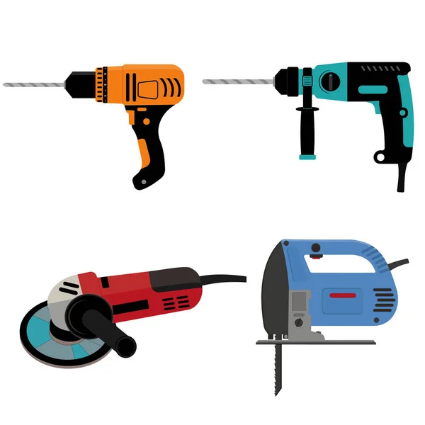 Set Construction Tools Electric Jigsaw Hammer Drill Grinder Color Isolated — 图库矢量图片