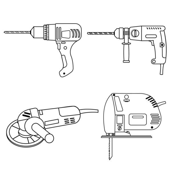 一套建筑工具钻头 锯齿机和冲床的黑色等高线 — 图库矢量图片