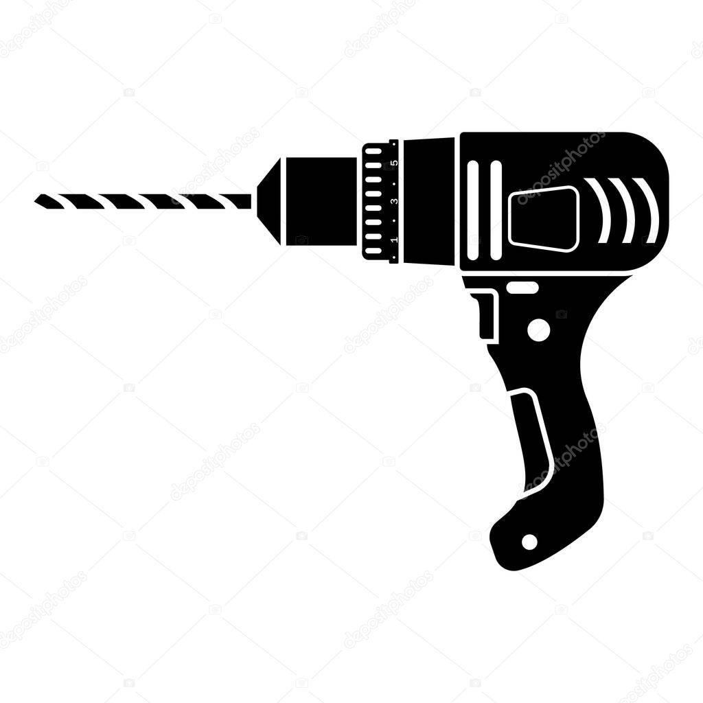 Set of construction tools drill, black icon stencil.