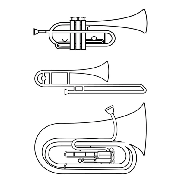 Conjunto Instrumentos Sopro Musical Trompete Trombone Tuba Contorno Preto Ilustração — Vetor de Stock