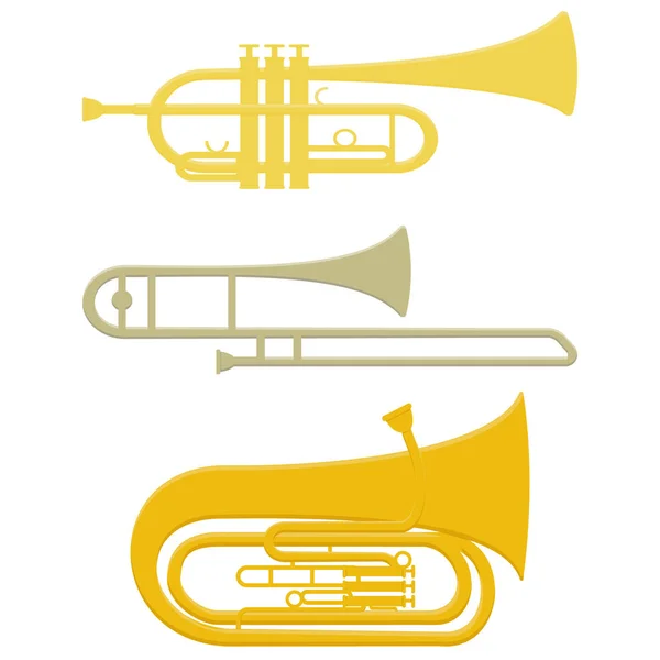Conjunto Instrumentos Sopro Musical Trompete Trombone Tuba Cor Isolado Vetor — Vetor de Stock