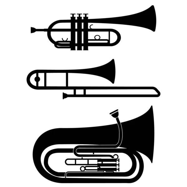 Set Von Blasinstrumenten Trompete Posaune Tuba Schwarze Schablone Isolierte Vektorillustration — Stockvektor