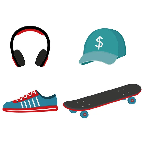 Set Gorra Skate Monopatín Auriculares Zapatillas Ilustración Aislada Sobre Fondo — Vector de stock