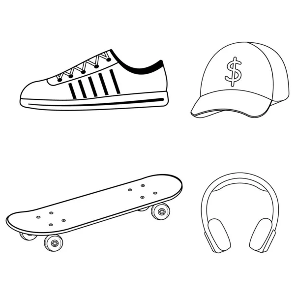 Σύνολο skateboarder καπάκι, skateboard, ακουστικά, πάνινα παπούτσια, μαύρο περίγραμμα, απομονωμένη εικόνα σε λευκό φόντο — Διανυσματικό Αρχείο