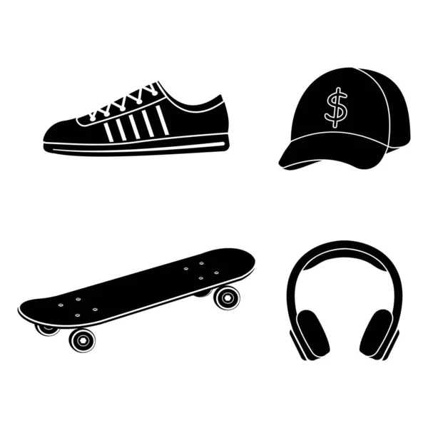 Набор кепки скейтбордиста, скейтборд, наушники, кроссовки, черный трафарет, изолированная иллюстрация на белом фоне — стоковый вектор