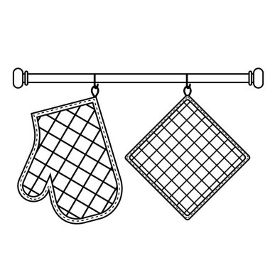 Fırın eldiveni ve fırın eldiveni askıda asılı, siyah hatlı izole vektör çizimi düz stil