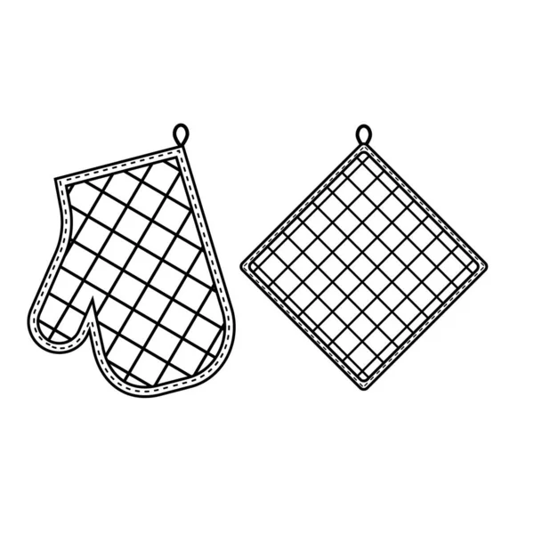 Gant de four et gant de four, illustration vectorielle isolée contour noir dans un style plat — Image vectorielle