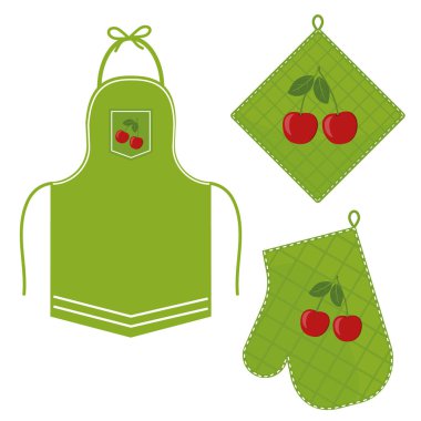 Fırın eldiveni ve fırın eldiveni ve önlüğü askıda asılı, düz stil renkte izole edilmiş vektör çizimi.