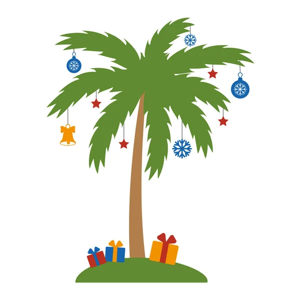 Kerstboom met bloemenslinger en geschenken, kleur geïsoleerde vector illustratie — Stockvector