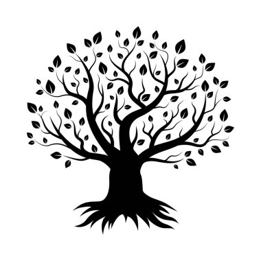 Ağaç logosu. Yapraklar dallarda yetişir. Kökleri, dalları ve tacı olan bir bitkinin silueti. İzole edilmiş. Vektör illüstrasyonu
