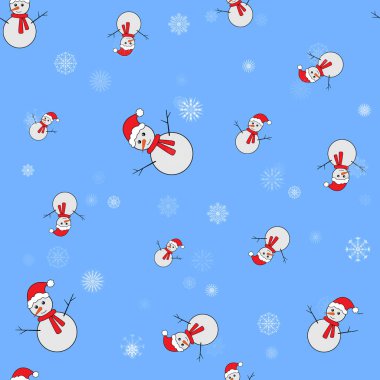 Çeşitli kardan adamlar ve farklı kar taneleriyle kusursuz bir desen. Sonsuz vektör illüstrasyonu