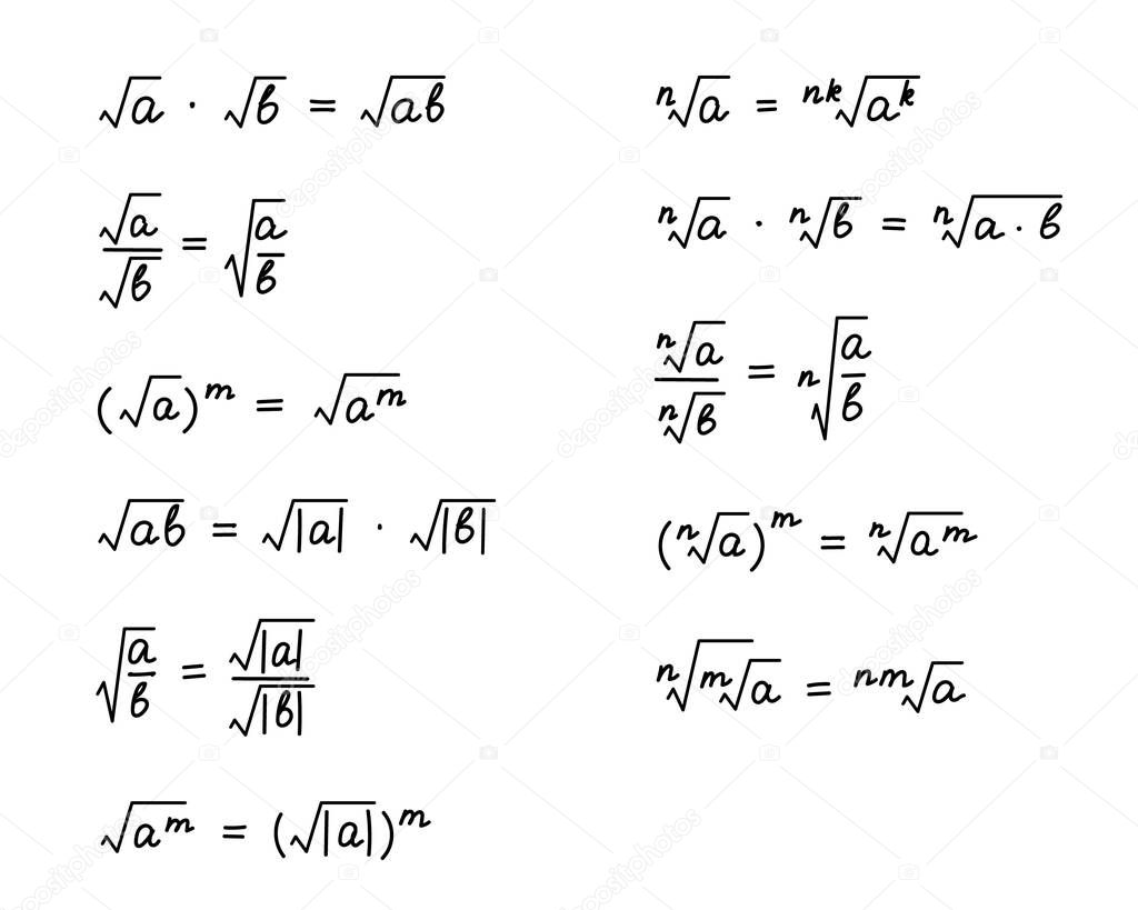 Properties of square roots formulas. Solution scheme. Algebra background. Education, getting classes, school program Higher mathematic text. Grouped and isolated on white. Vector illustration