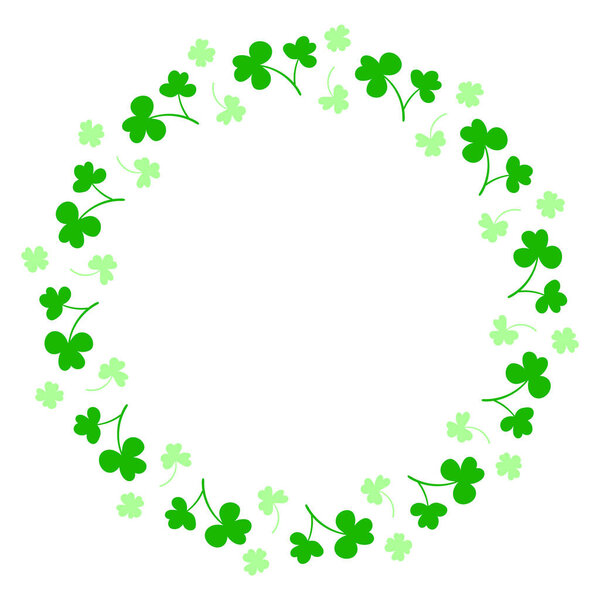 Круглая рама с клевером оставляет. Волшебное растение. Украшение ко Дню Святого Патрика с трилистниками и четырехлистниками. Шемрок. Ирландская история. Изолирован на белом. Векторная иллюстрация.