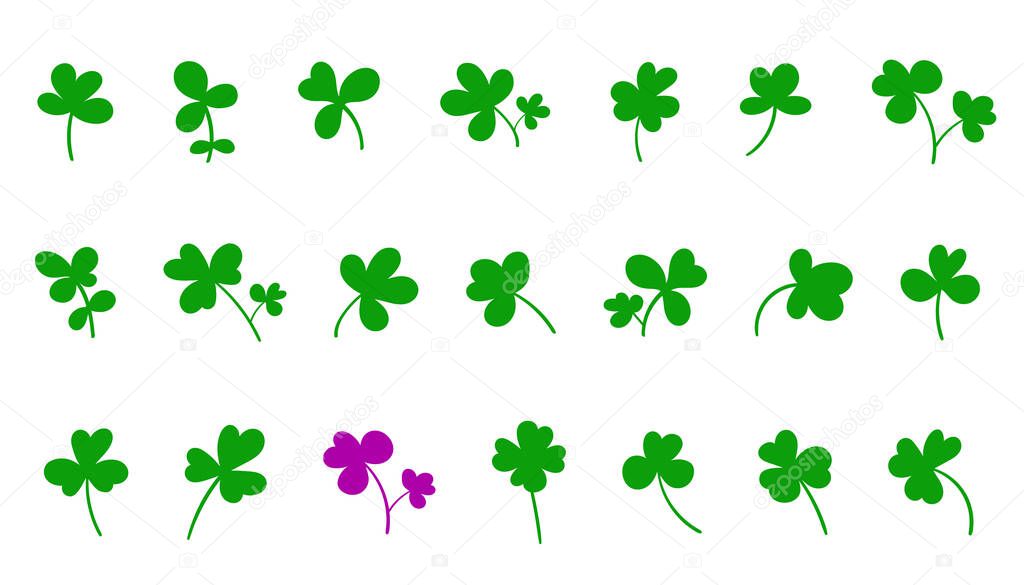 Set of clover leaves. Collection of magical plant. Decoration for St. Patrick's Day, trefoils and quatrefoils. Shamrock. Irish story. Isolated on white. Vector illustration.
