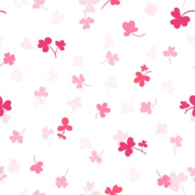 Yonca yapraklı kusursuz desen. Büyülü bitki. Aziz Patrick Günü için arka plan. Folyo ve dört kuyruklu renkli, uçsuz bucaksız bir zemin. Yonca. İrlanda hikayesi. Vektör illüstrasyonu.