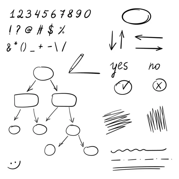 Set Numeri Elementi Grafici Disegnati Mano Schemi Sottolineature Algoritmi Frecce — Vettoriale Stock