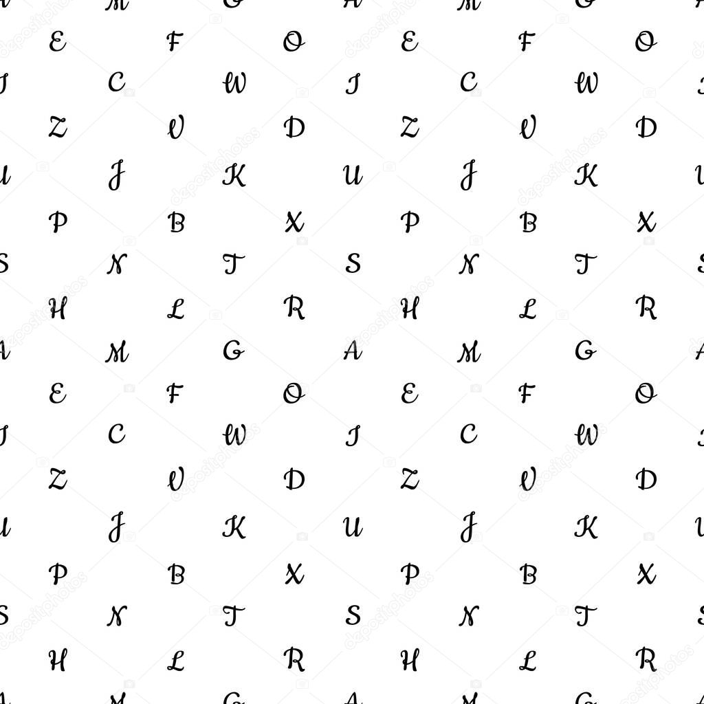 Seamless pattern with alphabet letters. Endless background for English language Day. Chaotically located symbols. Black on white. Vector illustration