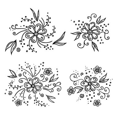 El yapımı çiçekler, bitkiler, yapraklar, taç yaprakları, çiçek elementleri. Doodle tarzı, robot resim, botanik çizimi. İzole edilmiş. Vektör illüstrasyonu.