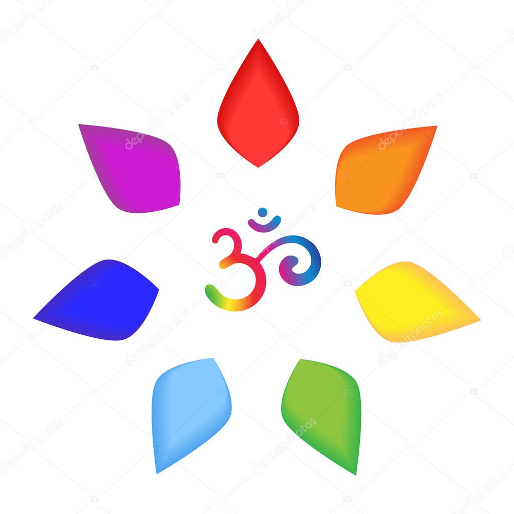 Om, Aum, sacred sound, primordial mantra, word of power, pictogram, symbol .Hand-drawn sign of yoga with petals. Isolated