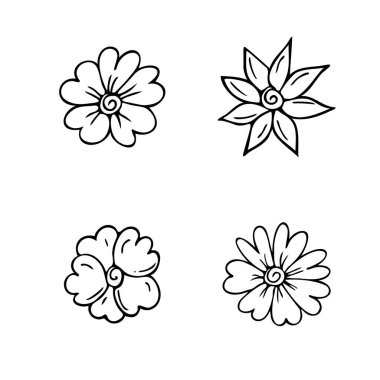 El yapımı çiçekler. Karalama stili, çizim, basit botanik çizimi, çiçek unsurlarıyla çizim, çok az izole. Vektör illüstrasyonu..