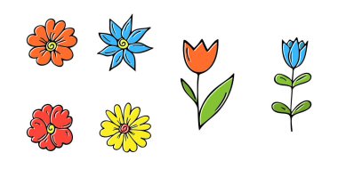 El yapımı çiçekler. Karalama stili, çizim, basit botanik çizimi, çiçek unsurlarıyla çizim, çok az izole. Vektör illüstrasyonu..