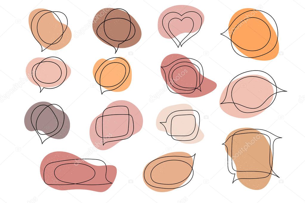 Set of speech bubbles.Hand-drawn one-line elements and abstract spots. Social chat symbols.Collection of text boxes of different shapes.Isolated.Vector