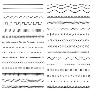 El yapımı çizgiler, fırça çizgileri, altçizgiler. Elle çizilmiş karalama tarzı çeşitli elementler. Sanat geometrik çizgileri. Beyazda izole edilmiş. Vektör illüstrasyonu