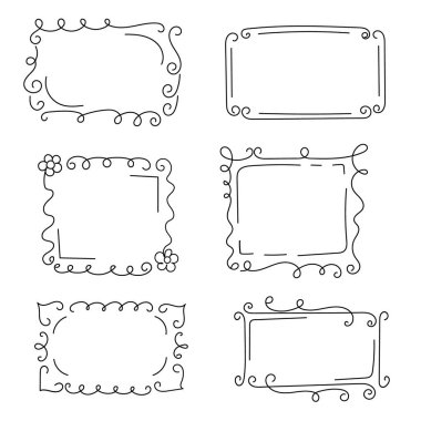 Dekoratif çerçeveler, baş harfleri, dalgalı elementler, kıvrımlar. El yapımı elementler. Tasarımın için kenarlar. İzole edilmiş. Vektör illüstrasyonu.