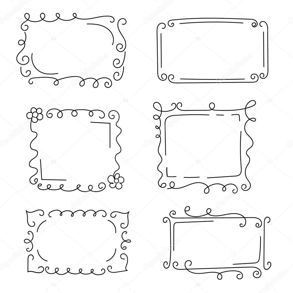 Decorative frames with monograms and wavy elements, curls. Hand-drawn elements. Edgings for your design. Isolated. Vector illustration.