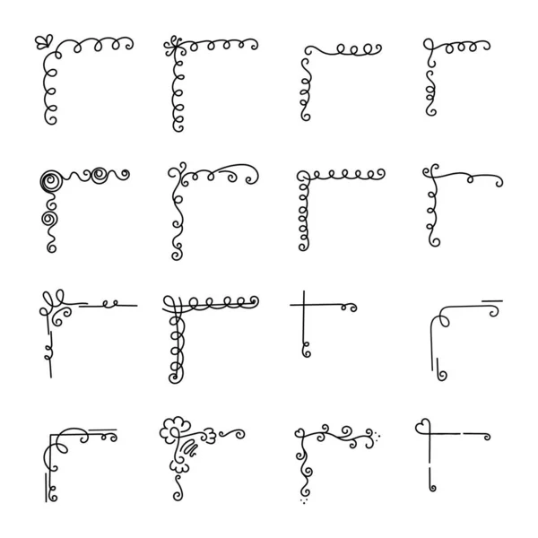 Zestaw Ręcznie Rysowanych Rogów Lokami Wirówkami Monogramy Dekoracyjne Pogranicze Kaligraficzne — Wektor stockowy