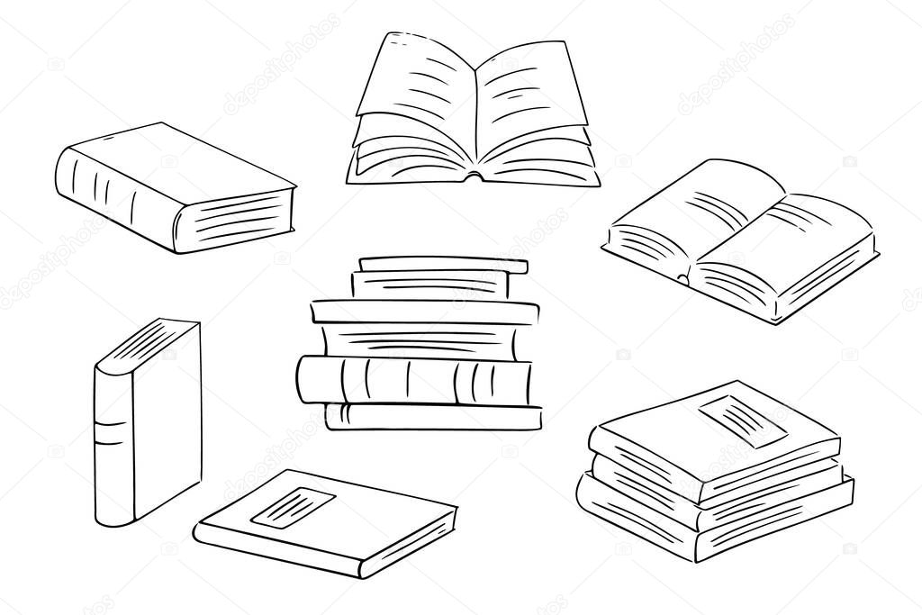 Set of hand-drawn books and notepads. Simple logo design for education, learning, reading. Art line, sketch style.Isolated.Vector illustration