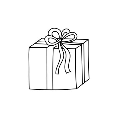 Kurdele ve yayla süslenmiş el yapımı bir hediye. Çizim stili, minimalizm, taslak. İzole edildi. Tatil vektör illüstrasyonu