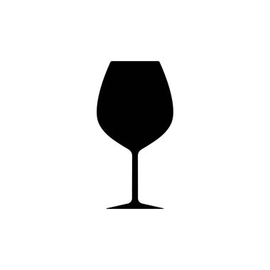 Kırmızı şarap bardağı silueti, içecek kadehi. Beyaz bir arka planda alkol ikonu. Basit bir logo. Tasarım için siyah şekilli temel. İzole edilmiş. Vektör illüstrasyonu.