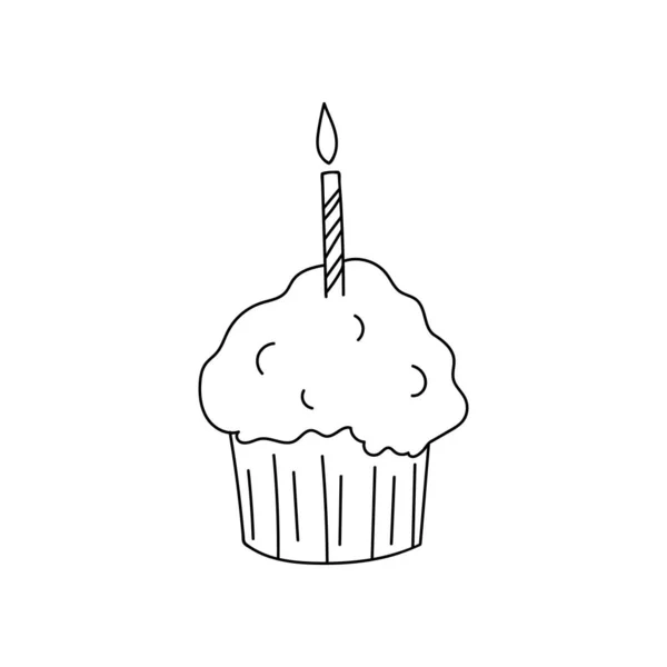 Cupcake Dessiné Main Surmonté Une Bougie Doodle Style Dessin Minimalisme — Image vectorielle