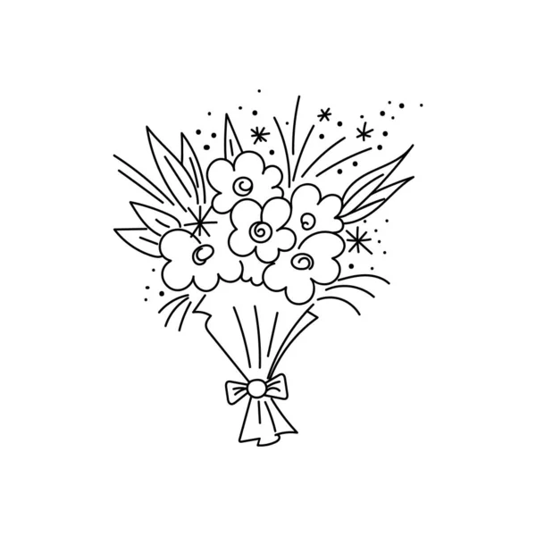 ドット 弓で飾られた花で花束を描いた 落書きの描画スタイル ミニマリズム スケッチ 隔離された休日のベクトル図 — ストックベクタ