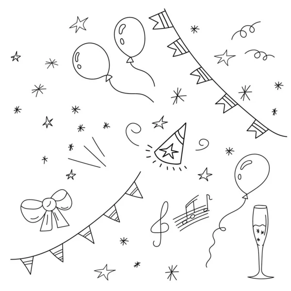 Set Elementos Cumpleaños Dibujados Mano Una Colección Globos Estrellas Arcos — Archivo Imágenes Vectoriales