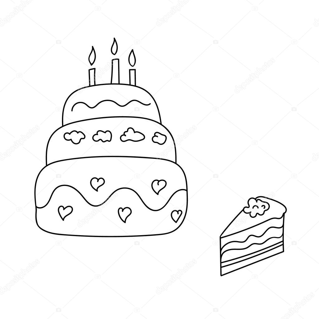 Hand drawn cake and a piece of cake decorated with cream roses. Doodle drawing style, minimalism, sketch. Isolated.Holiday vector illustration